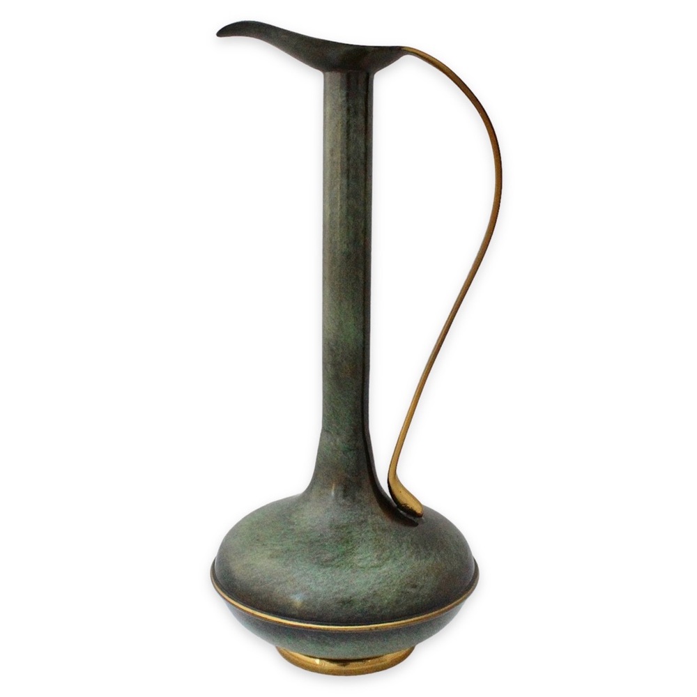 Vintage Israeli Green Verdigris Patina Brass Pitcher Vase Ewer Mid-Century 1950s